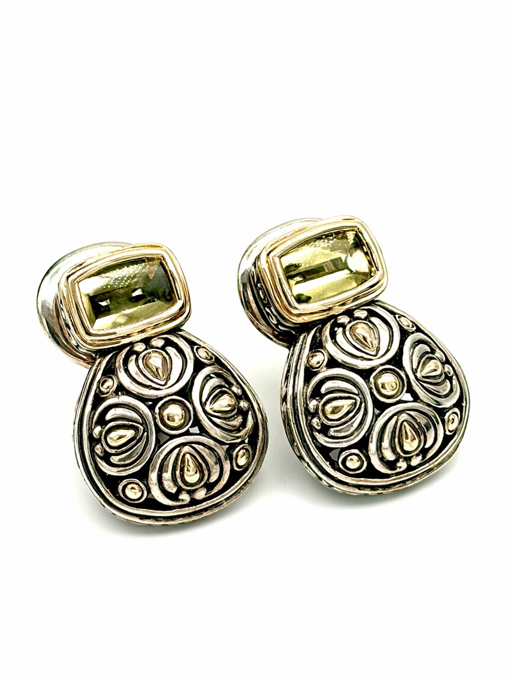 John Hardy Vintage 1990s Green Peridot 18k Gold Sterling Silver Drop Earrings